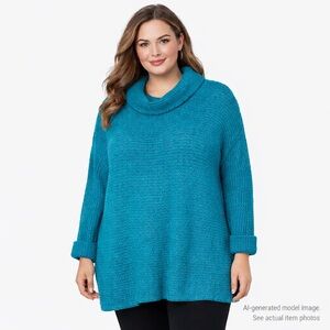 301. Anthropologie A+ Teal Knit Cowl Neck Sweater Coat 2X